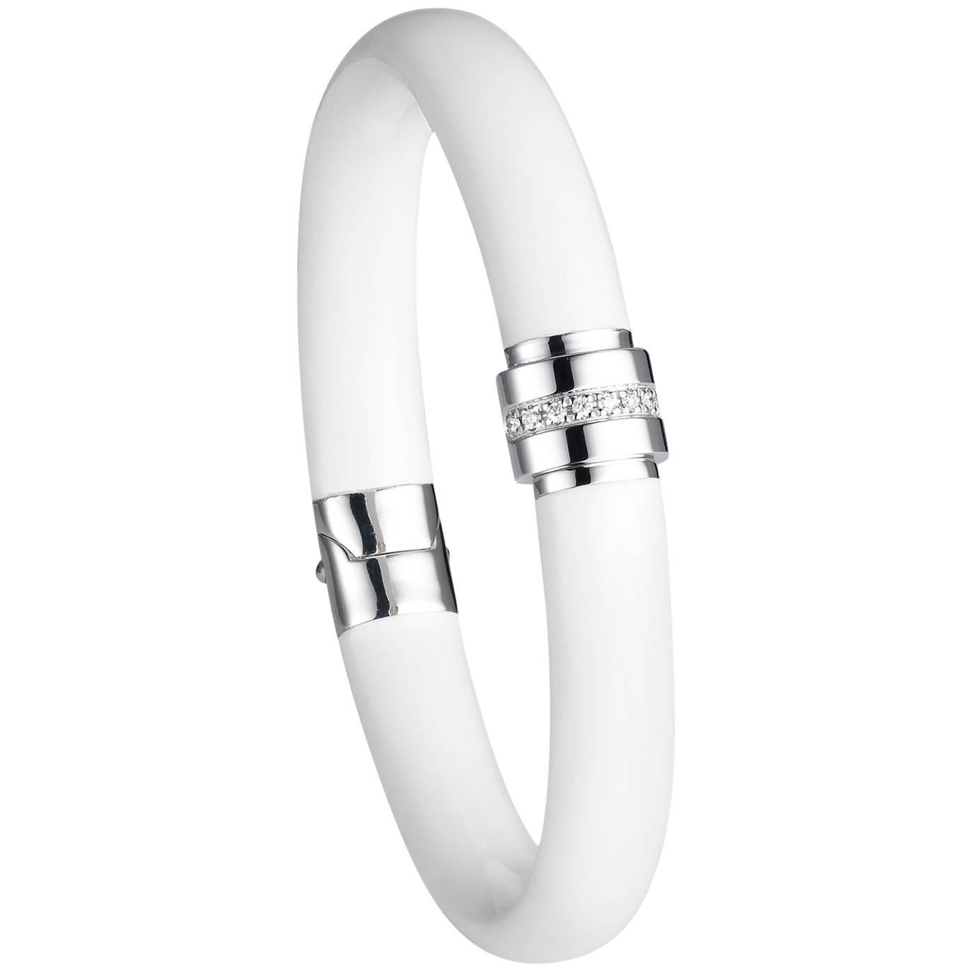 White Enamel Sterling Silver Bracelet with Diamonds