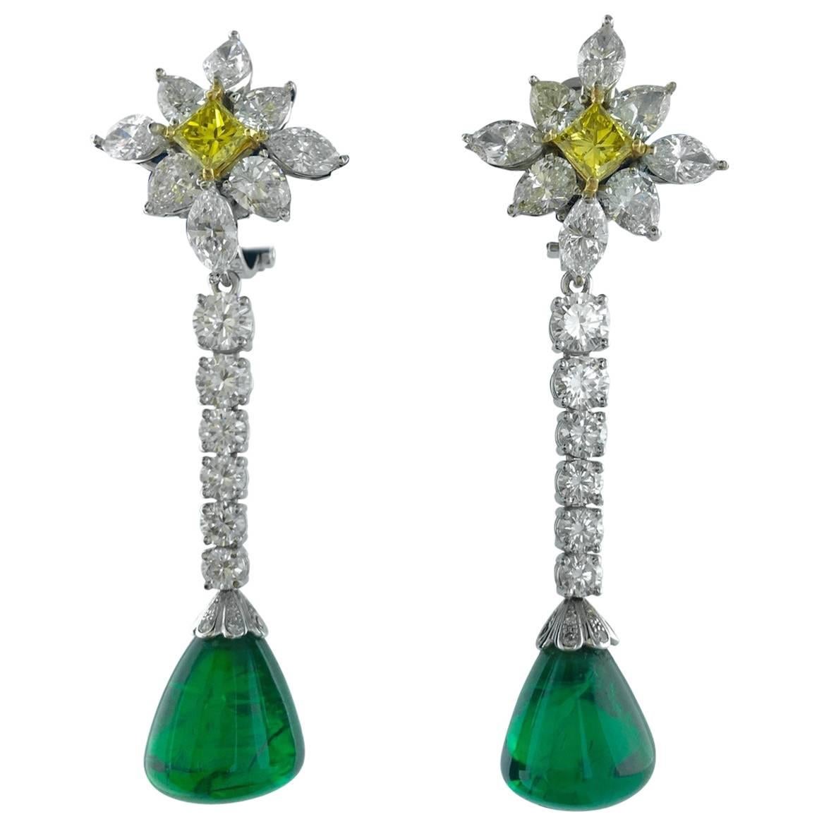 Emerald Diamond and Fancy Yellow Color Diamond Ear Pendants