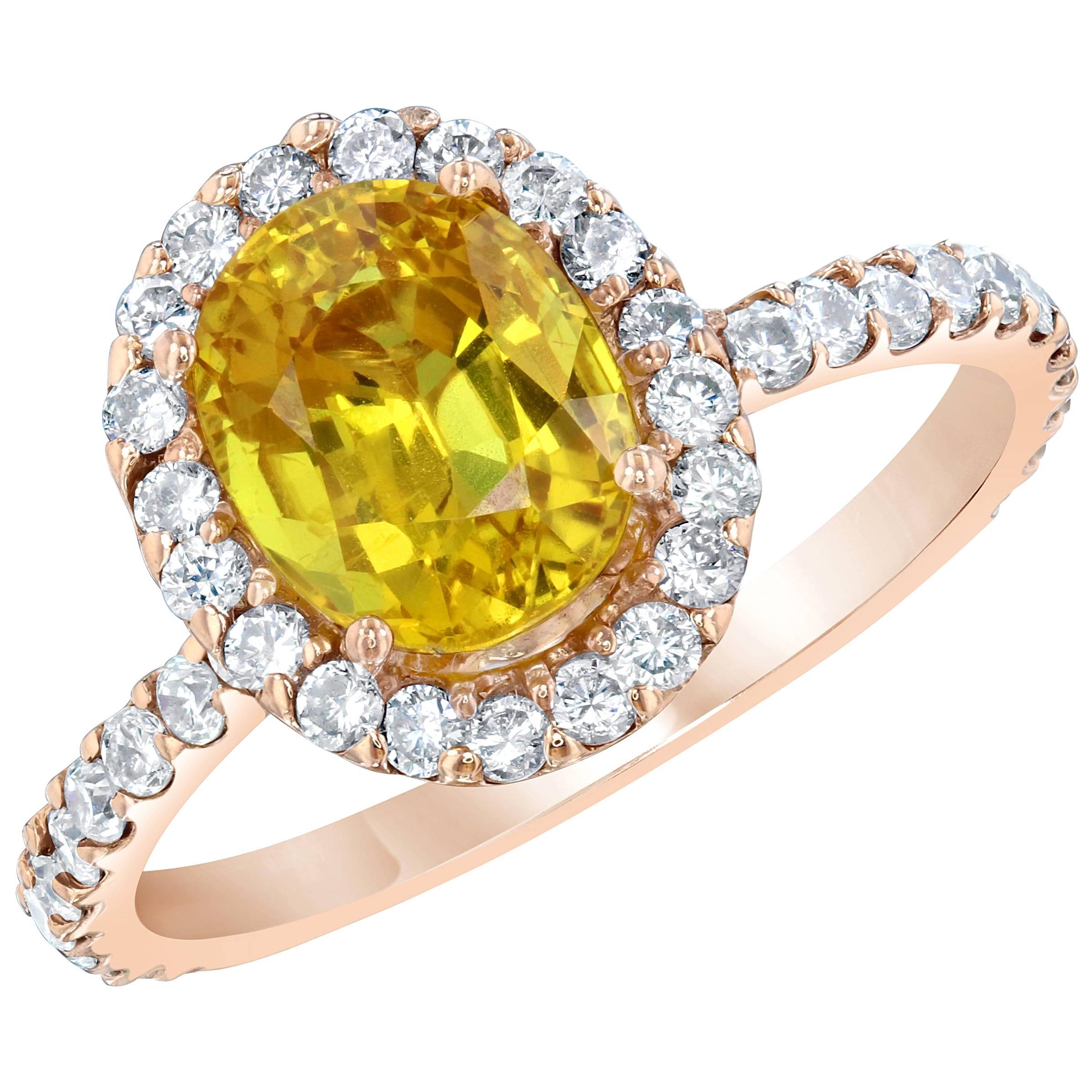 3.35 Carat Yellow Sapphire Halo Diamond 14 Karat Rose Gold Engagement Ring