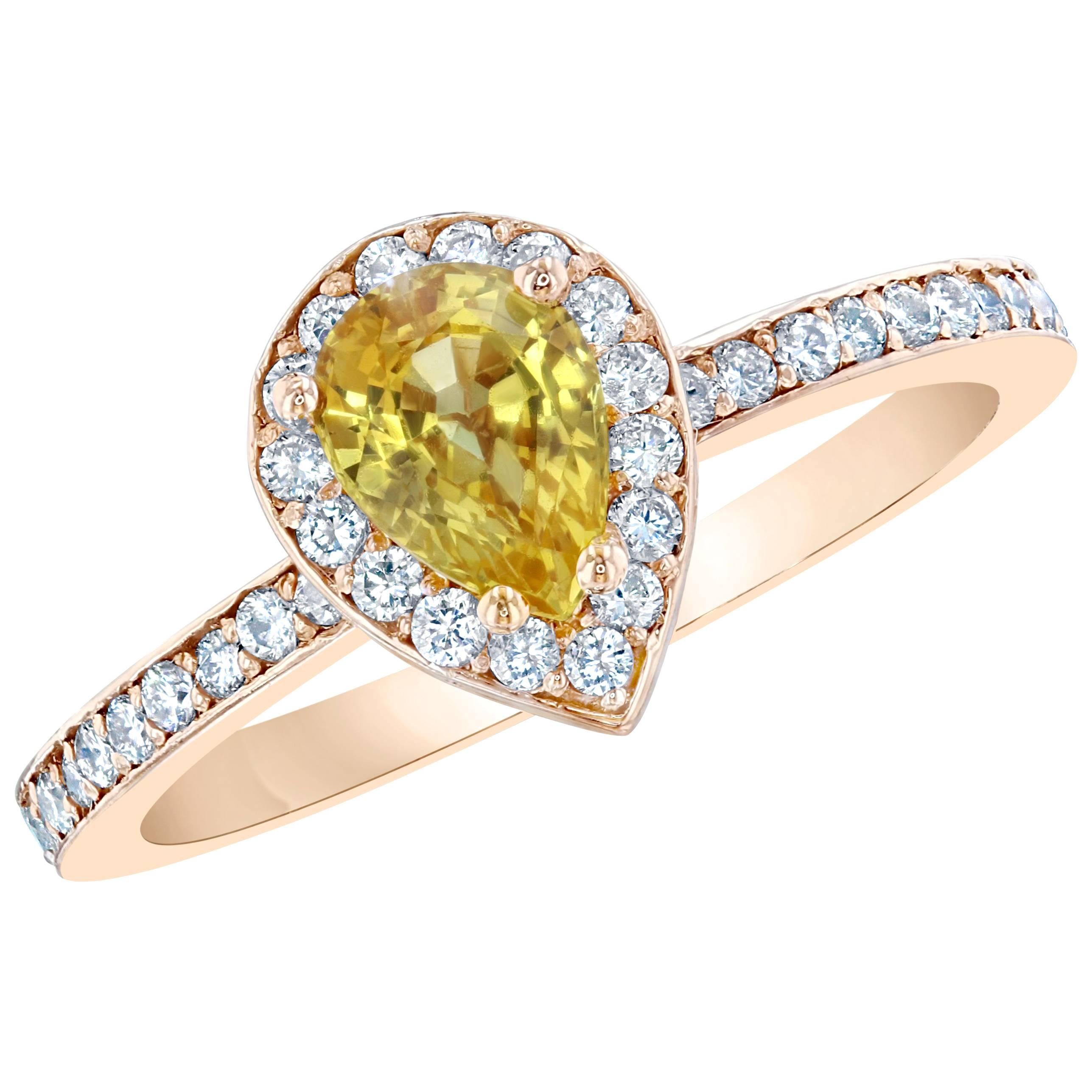 1.24 Carat Pear Cut Yellow Sapphire Diamond 14 Karat Rose Gold Engagement Ring