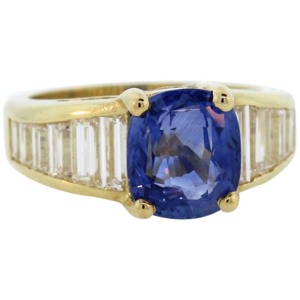 4.36 Carat AGL Certified Ceylon Blue Sapphire Baguette Diamond Ring