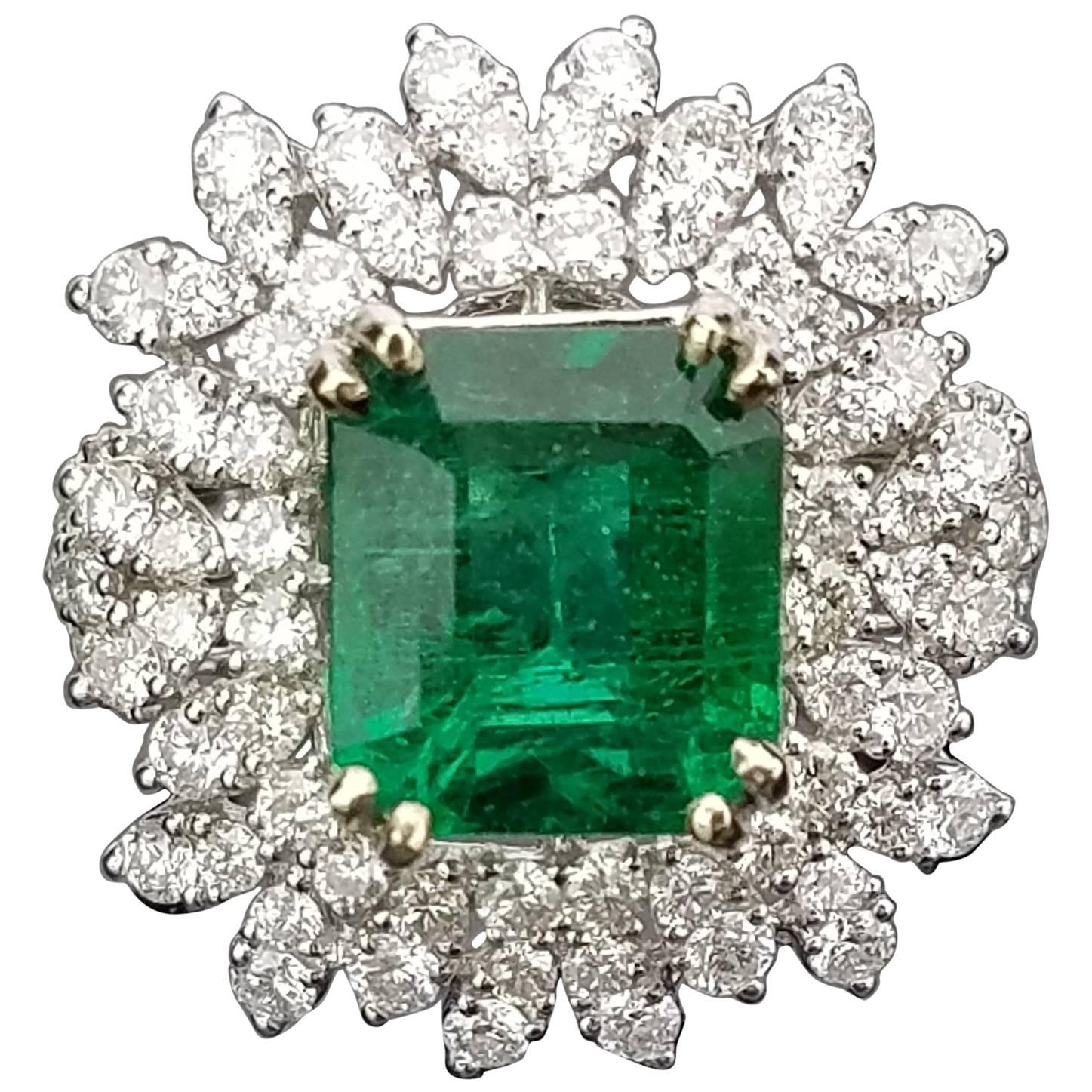 White Gold Zambian Emerald Ring with Diamond Cocktail Ring