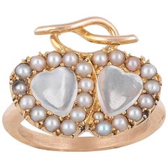 Antique Late Victorian Moonstone Pearl Gold Twin Heart Cluster Ring