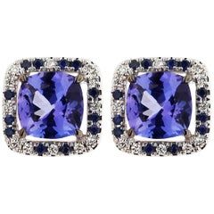 Jona Tanzanite Blue Sapphire Diamond Halo Gold Stud Earrings