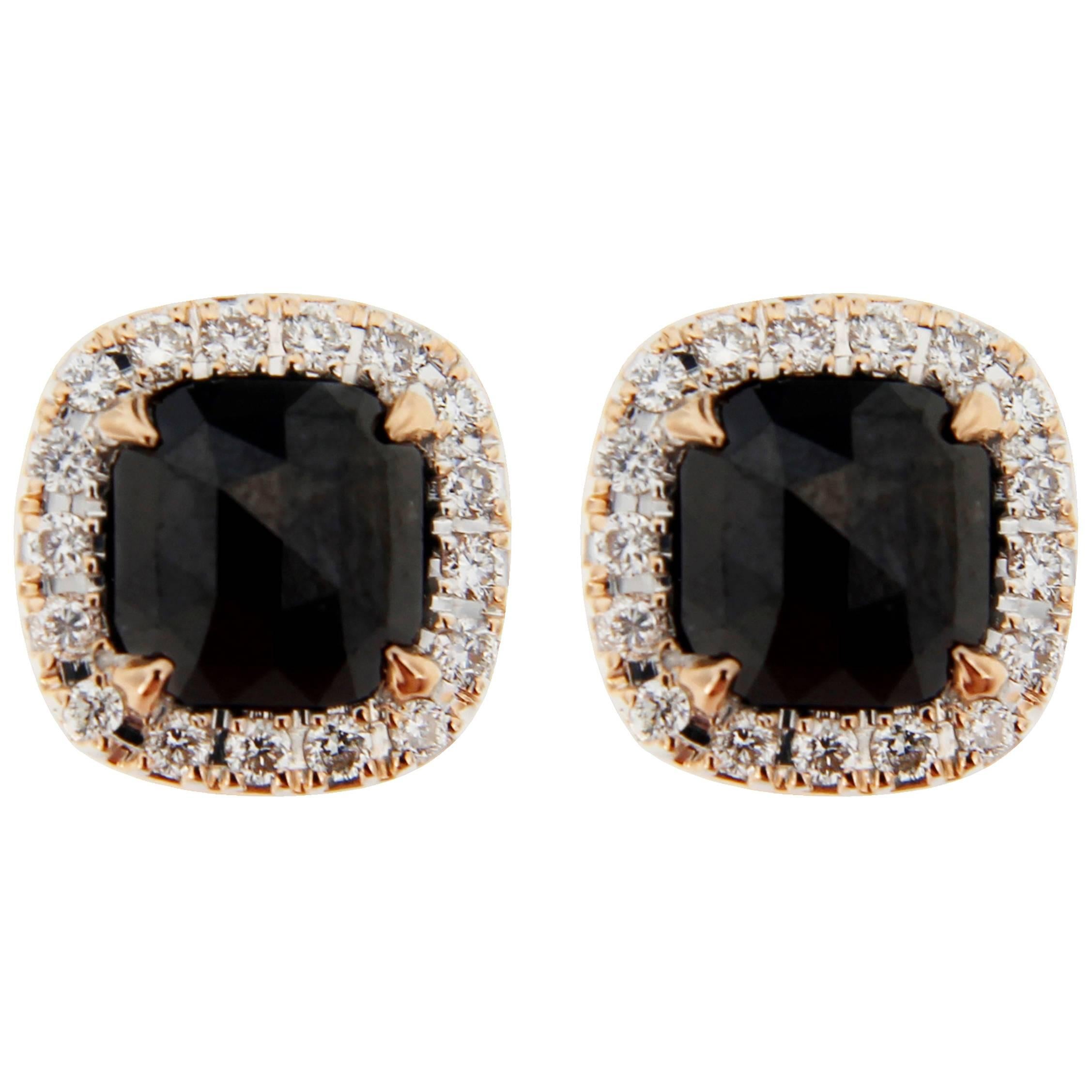 Jona Rose Cut Black Diamond White Diamond 18 Karat Rose Gold Stud Earrings