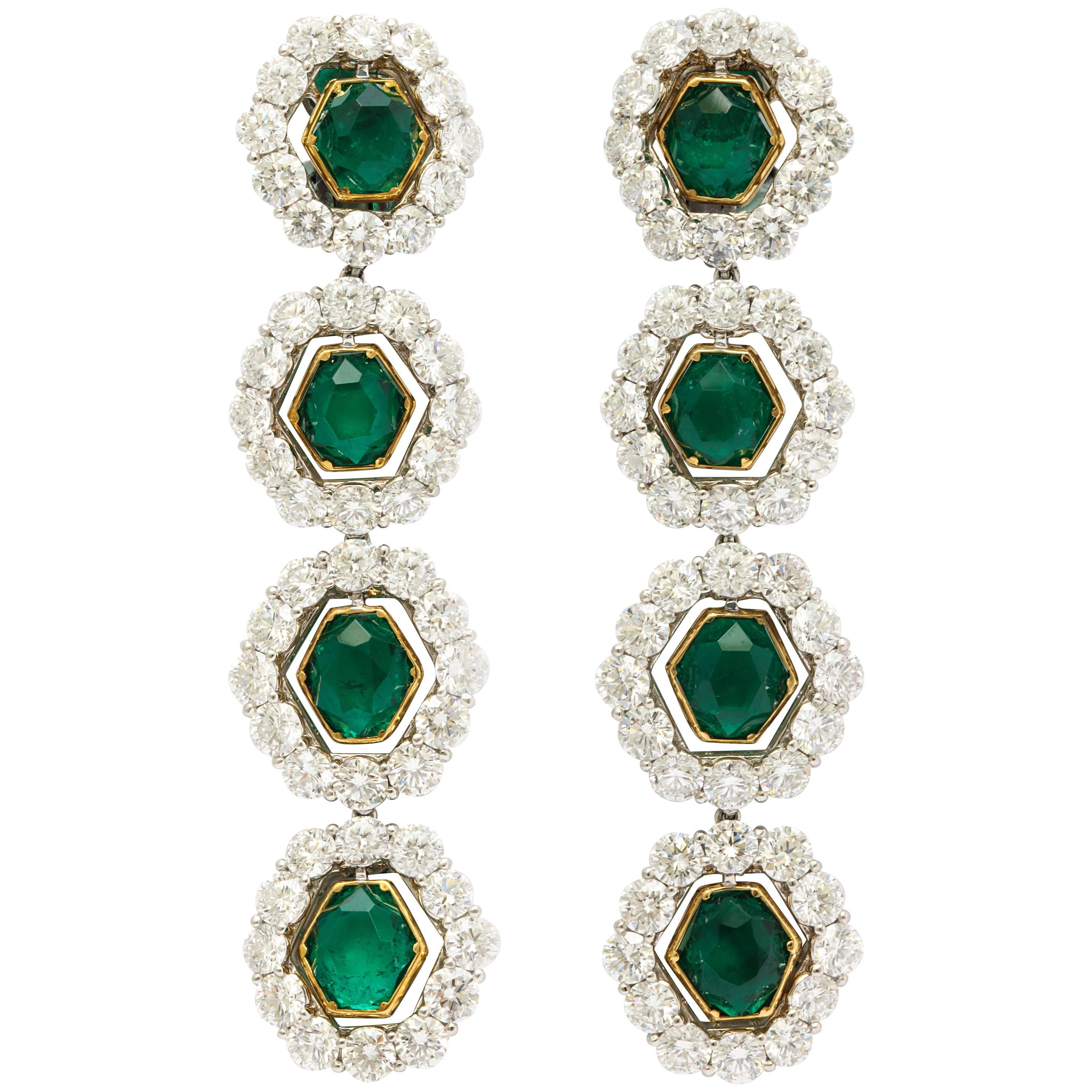 Colombian Emerald and Diamond Long Hanging Earrings