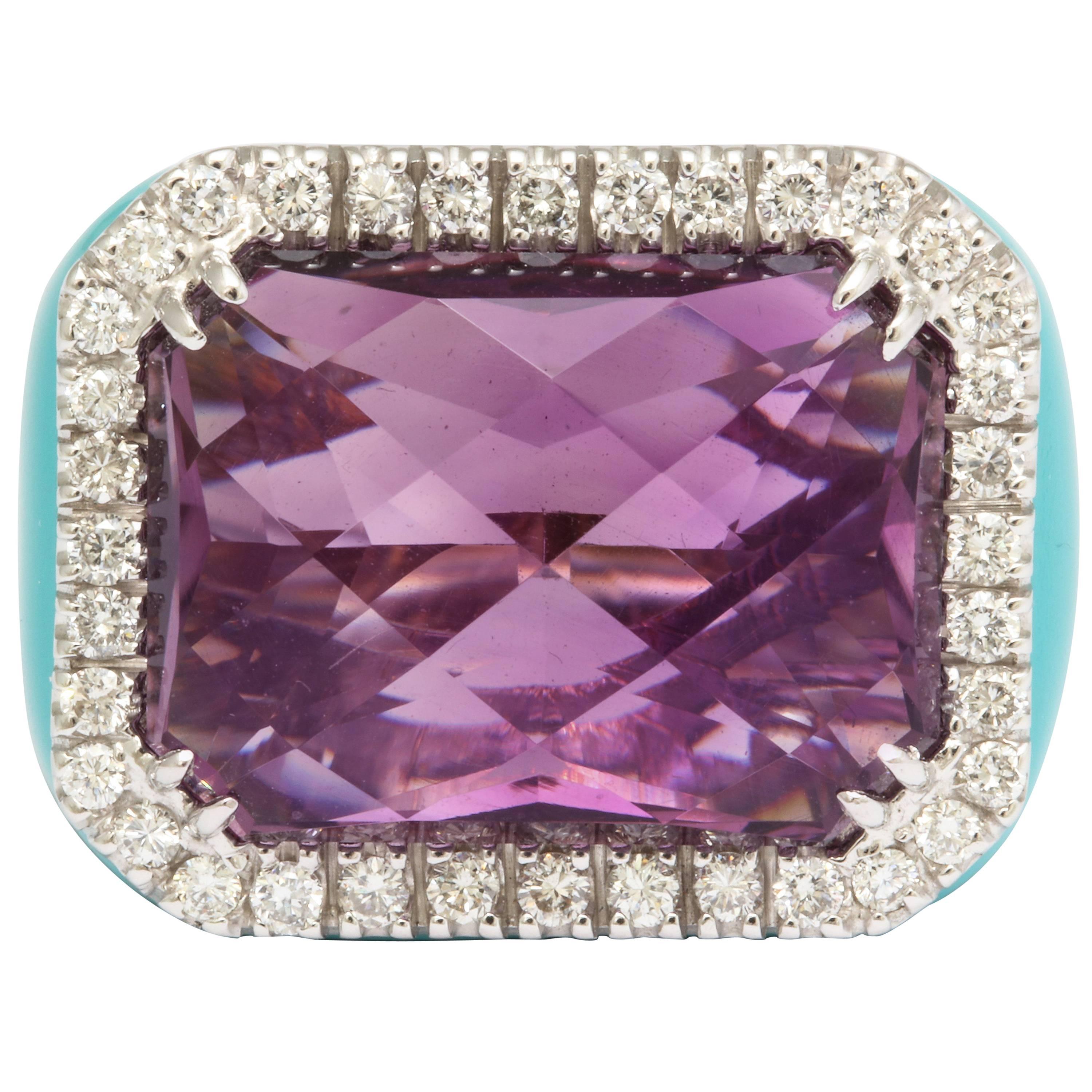 Amethyst Turquoise Enamel and Diamond Cocktail Ring