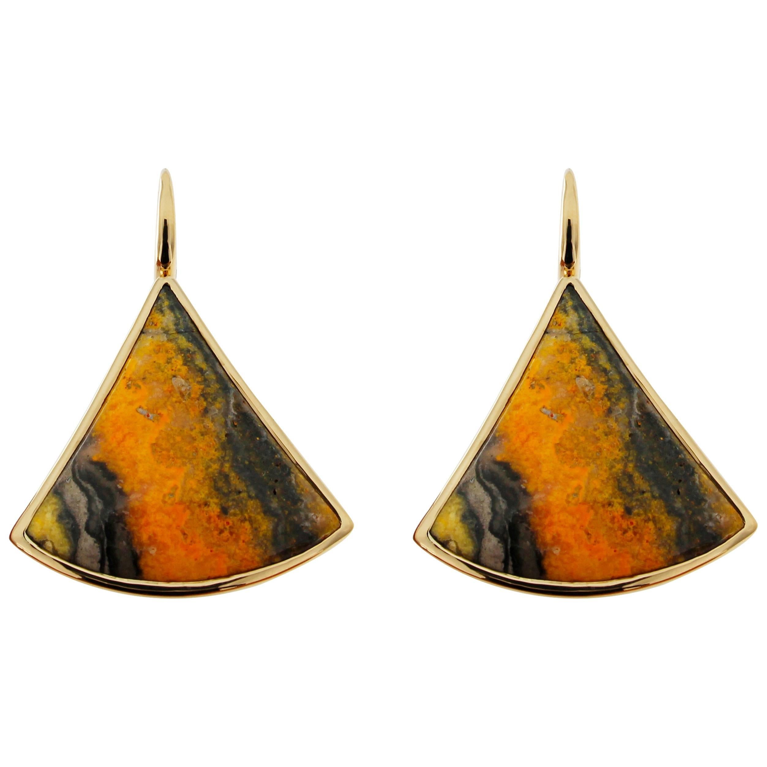 Alex Jona Bumblebee Jasper 18 Karat Yellow Gold Pendant Earrings For Sale