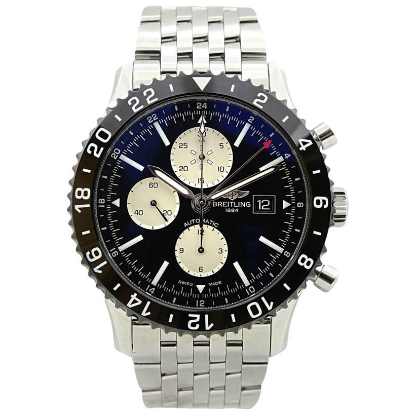 Breitling Stainless Steel Black dial Chronoliner Automatic Wristwatch For Sale