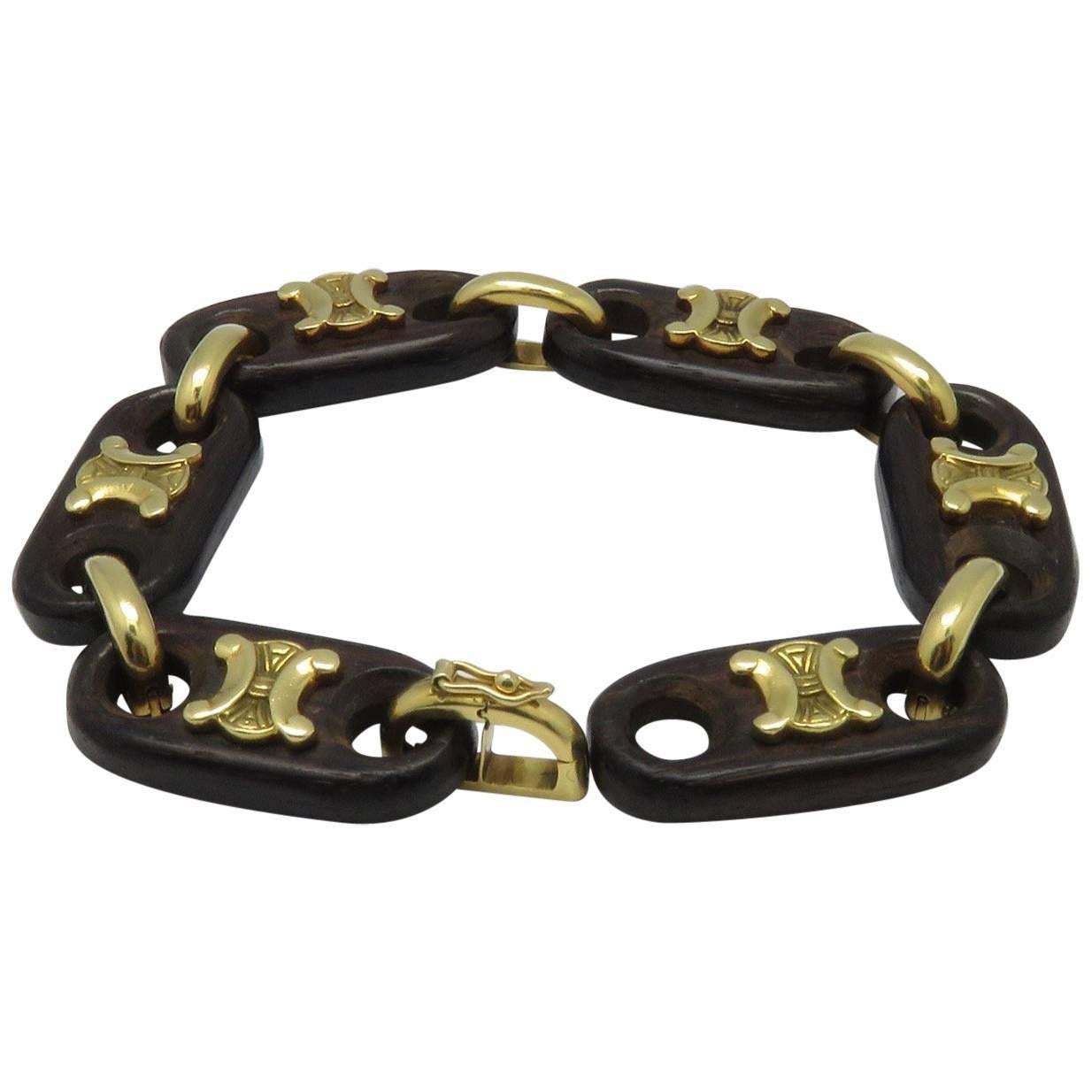 French Celine Wood Yellow Gold Bracelet For Sale