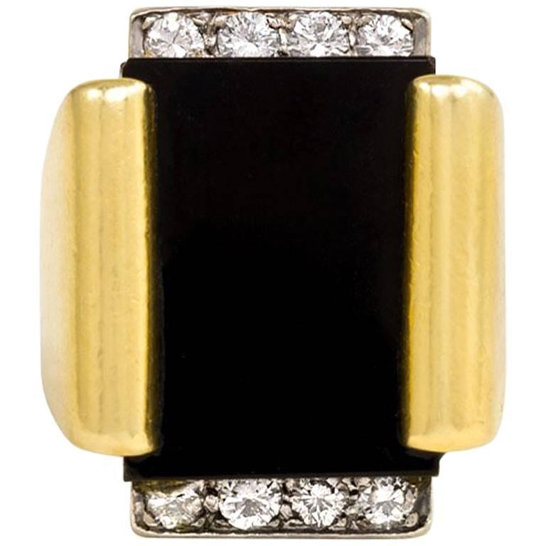 Cartier 1970s Gold Onyx Diamond Plaque Ring
