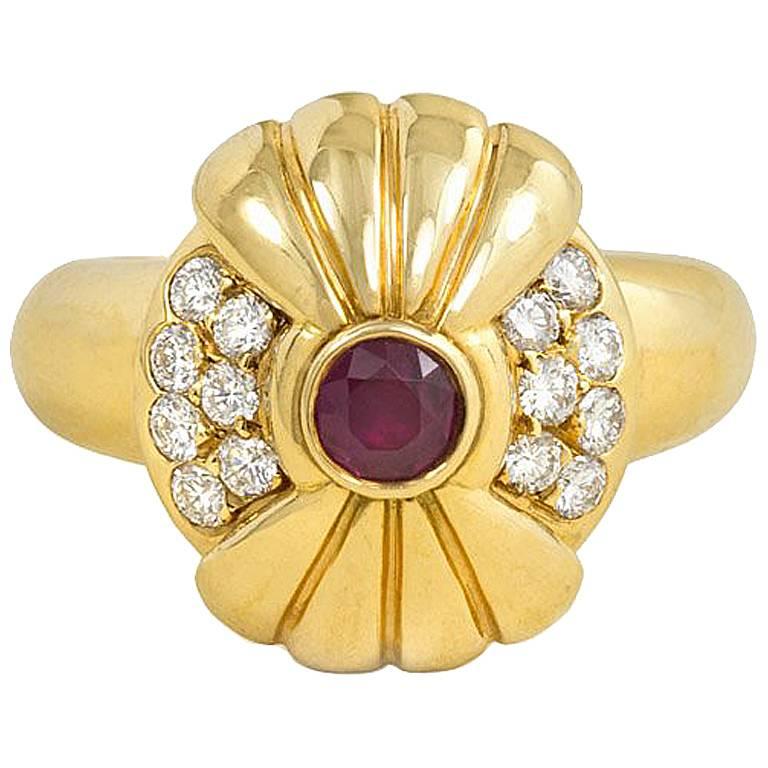 Boucheron 1970s Gold, Diamond, and Ruby Ring with Rotating Top