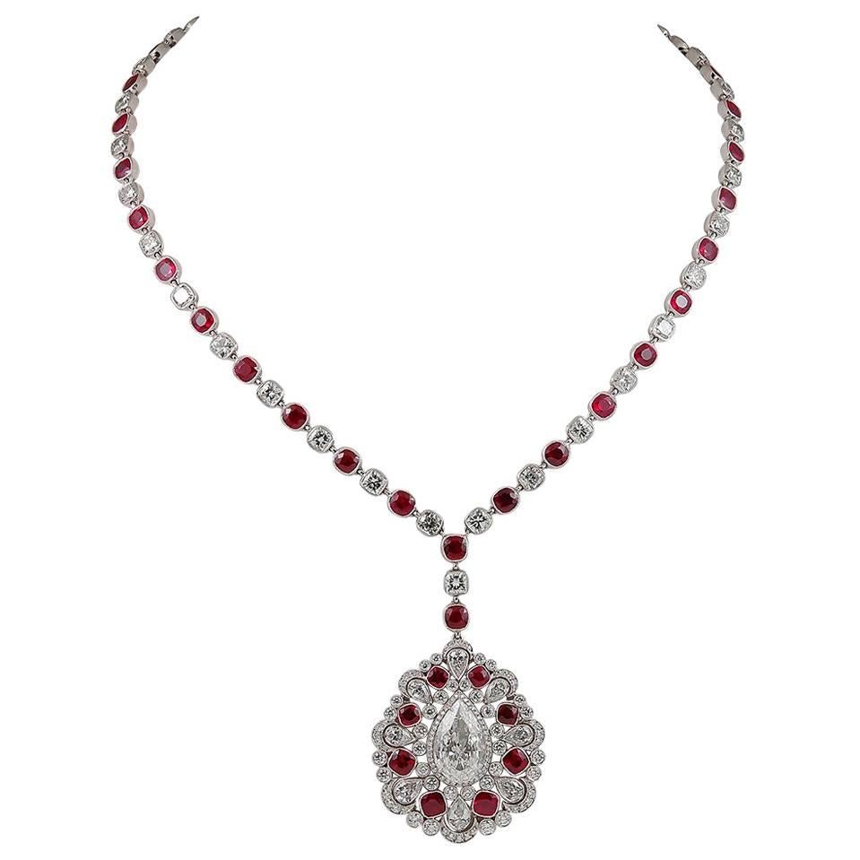 Diamond Ruby Platinum Long Necklace