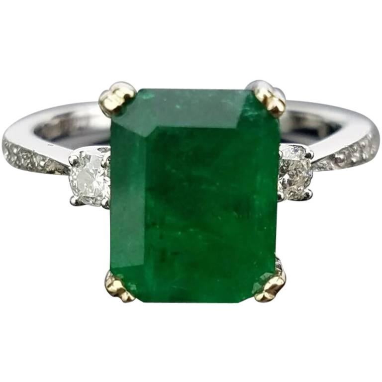 Classic 3.29 carat Zambian Emerald and Diamond Ring