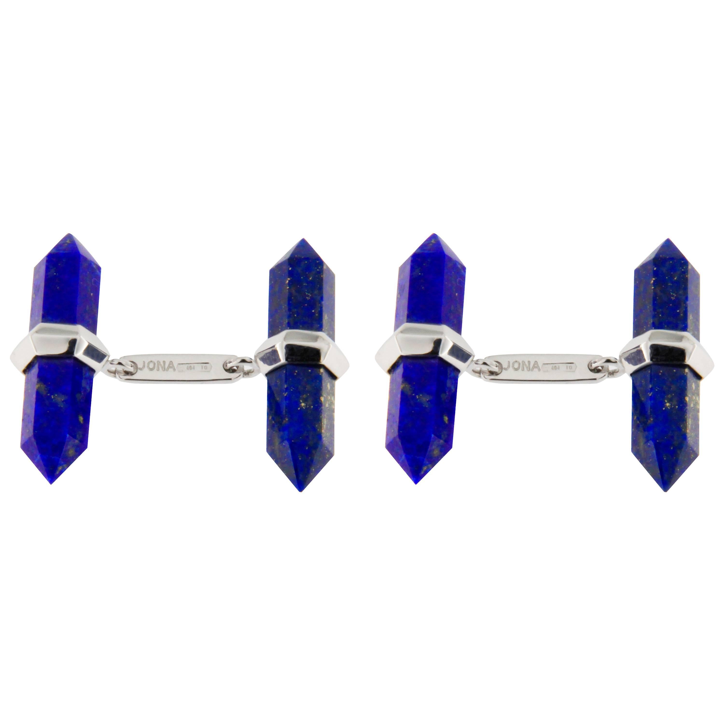Alex Jona Lapis Lazuli 18 Karat White Gold Prism Bar Cufflinks