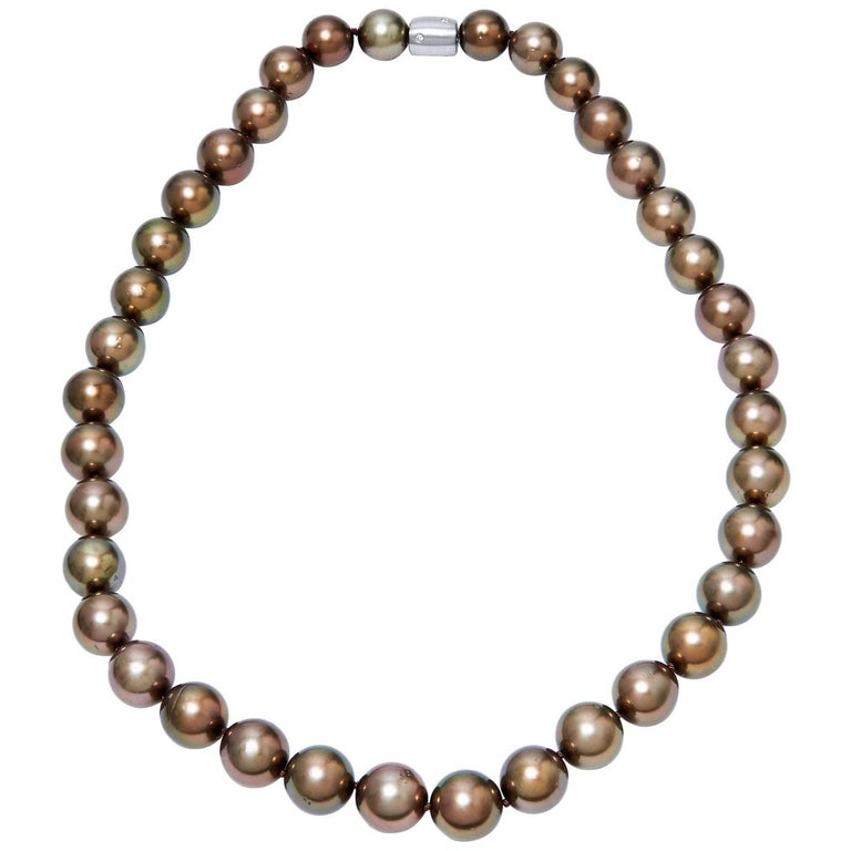 H&H 18 Inch Chocolate Tahitian Pearl Necklace with 18 Karat Diamond