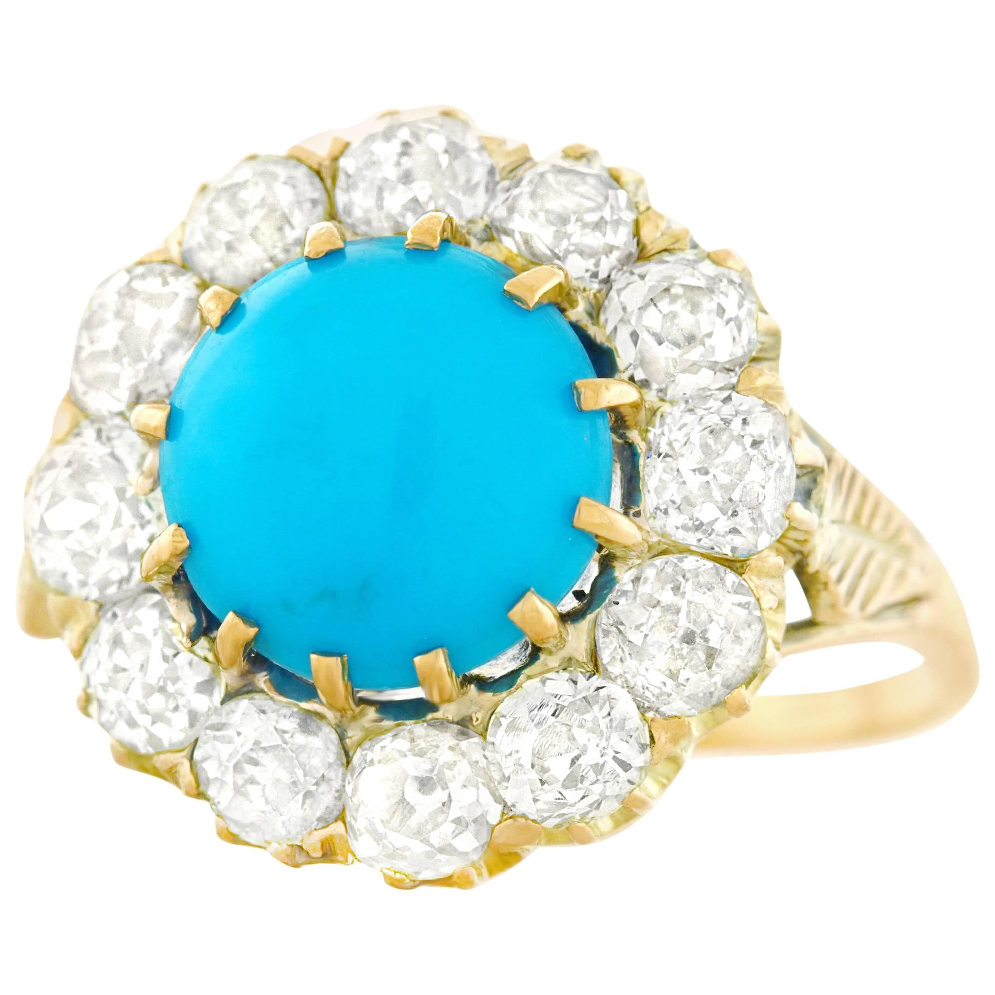 Antique Persian Turquoise and Diamond Ring in Gold