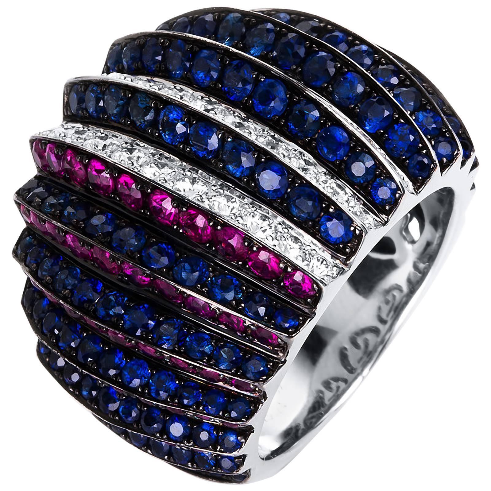 Carlos Udozzo 18 Karat Gold Diamonds, Red Ruby, Blue Sapphire, Cocktail Ring For Sale