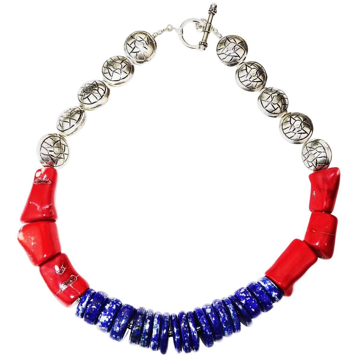 Artisan AJD Stunning Lapis Lazuli, Coral and Silver Necklace