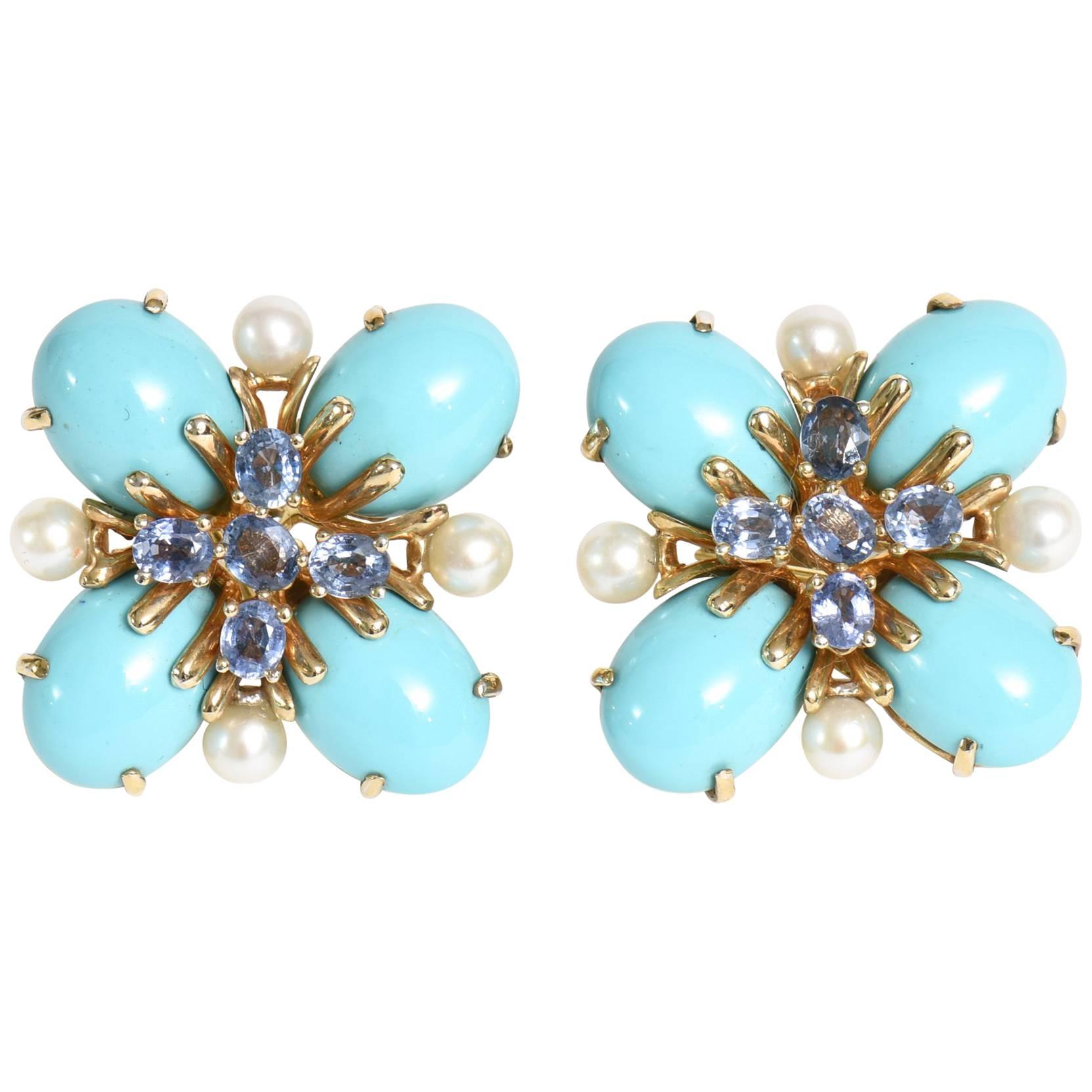 Italian Custom Turquoise Pearl & Sapphire & 18K Gold Clip/Pierced Earrings