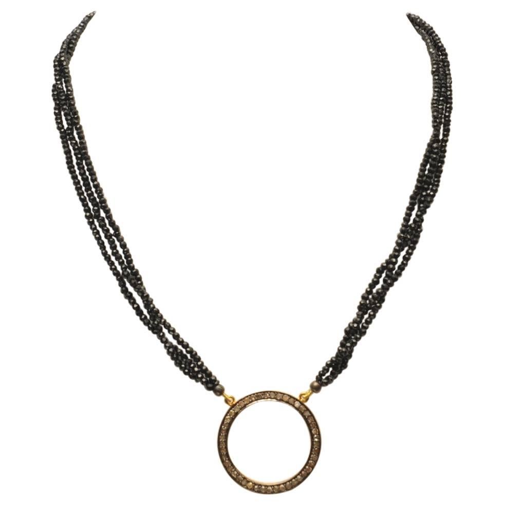 Diamond Circle Pendant and Black Spinel Beaded Necklace