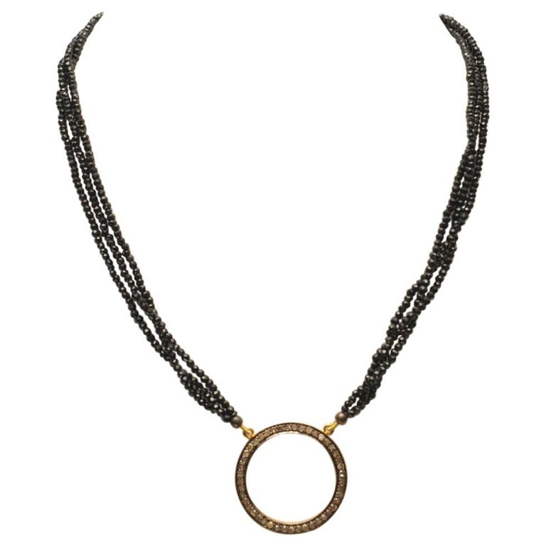 Diamond Circle Pendant and Black Spinel Beaded Necklace For Sale at