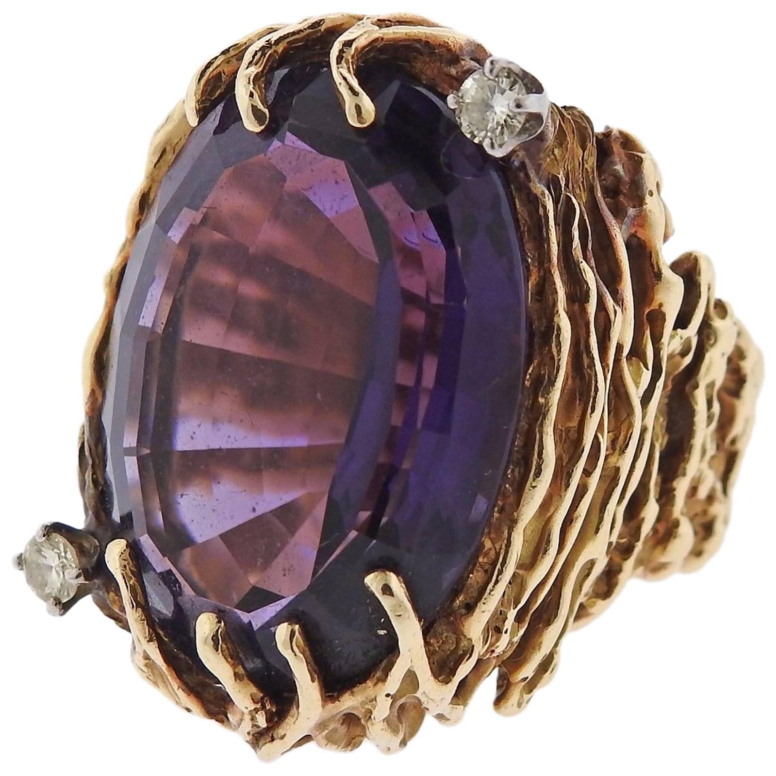 1970s Amethyst Diamond Gold Ring