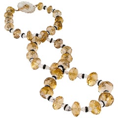 Antique Art Deco 1925 Citrine Rock Crystal Onyx Bead Necklace