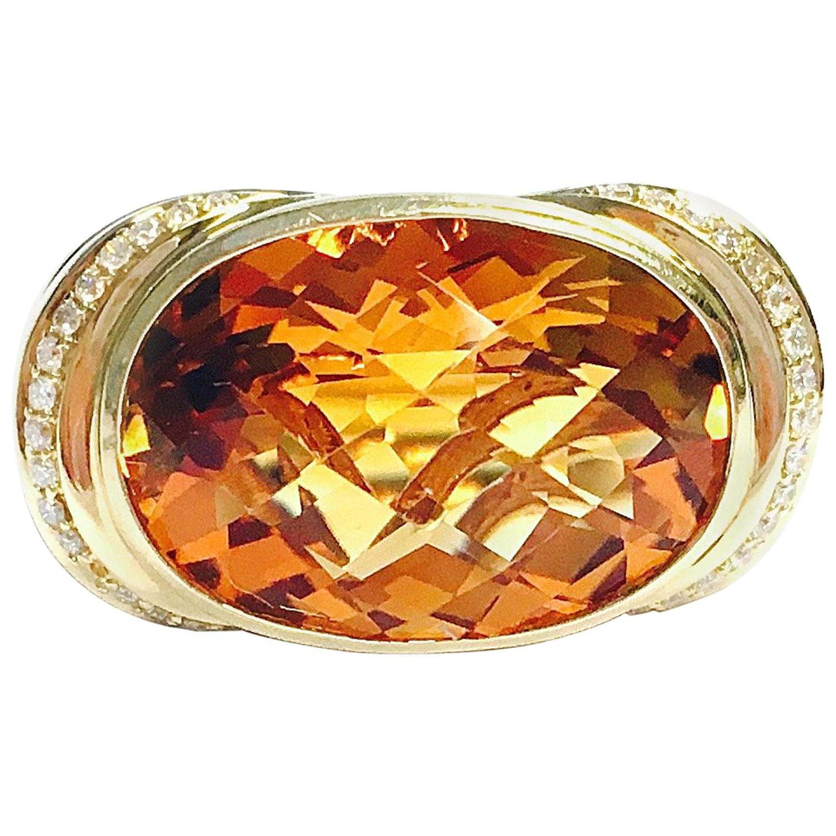 15 Carat Citrine and Diamond Yellow Gold Cocktail Ring