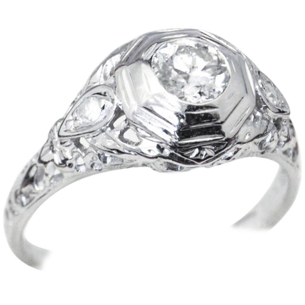 18 Carat White Gold Art Deco Filigree Diamond Engagement Ring For Sale