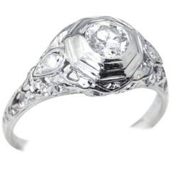 18 Carat White Gold Art Deco Filigree Diamond Engagement Ring