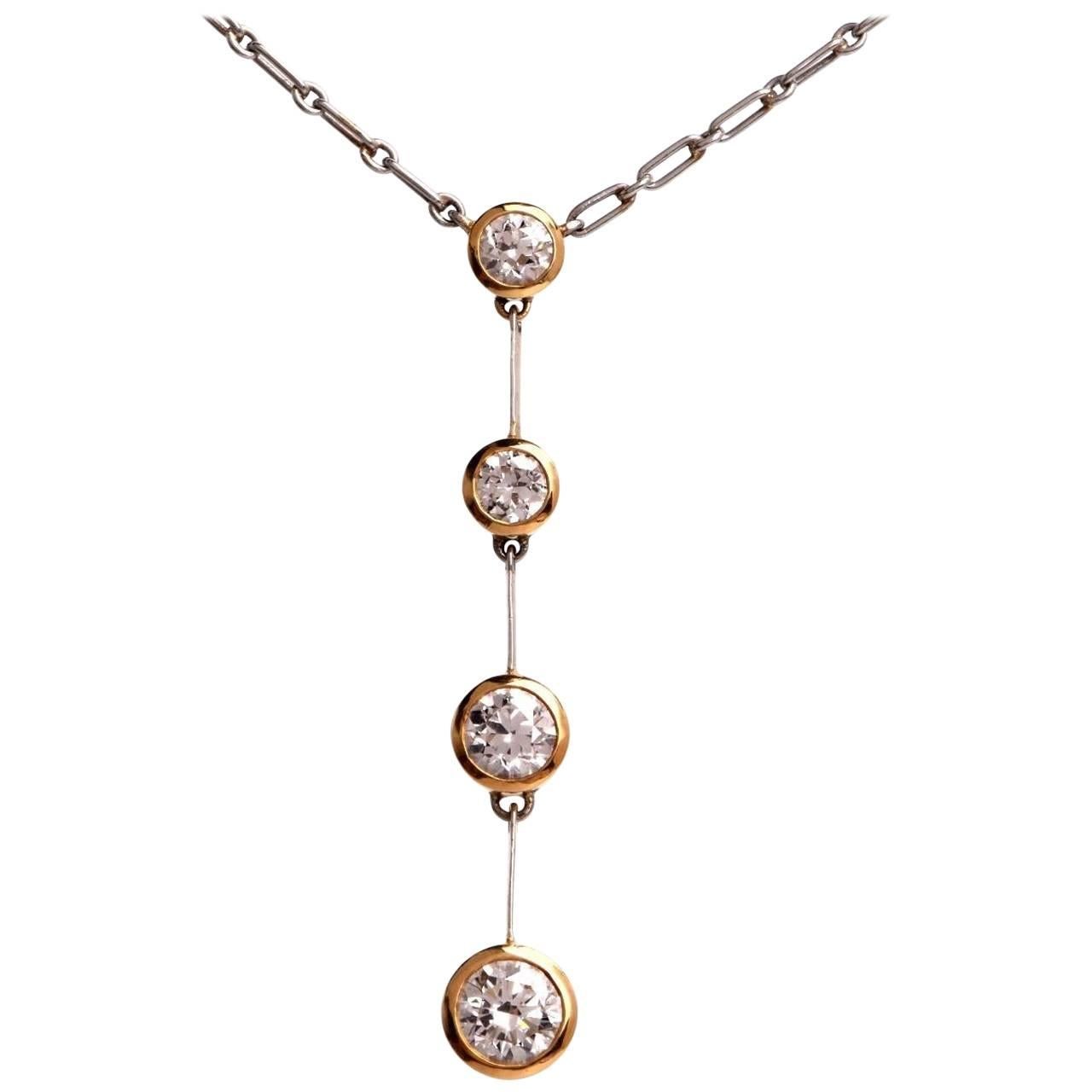 1980s Diamond Drop Platinum and Gold Pendant Necklace