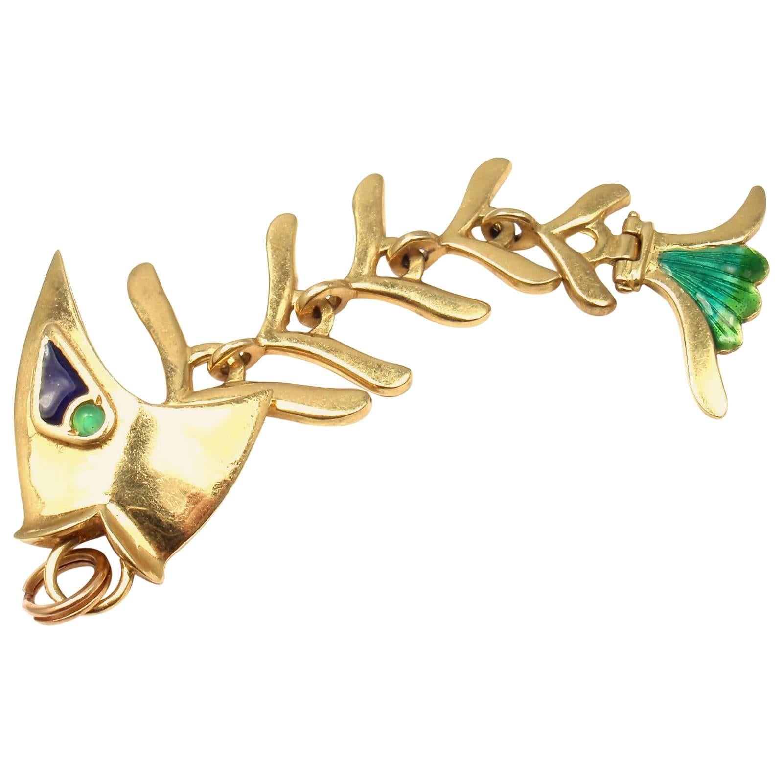 Enamel Emerald Fish Animated Gold Charm Pendant from Estate of Jackie Collins