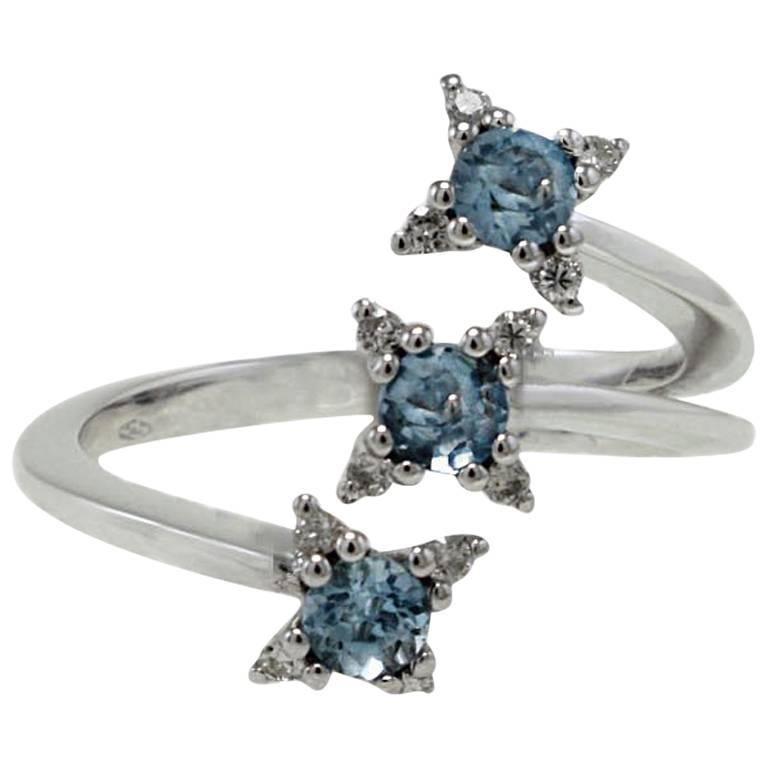  Aquamarines and Diamonds White Gold Ring