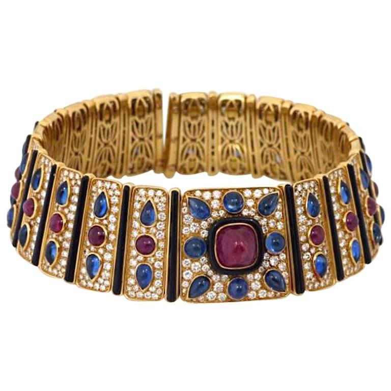 Marina B 1980s Diamond Ruby  Sapphire  Gold Collar necklace For Sale