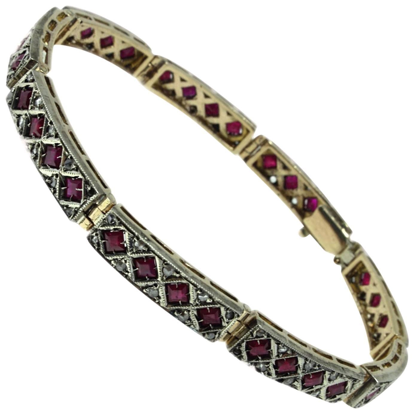  Diamonds and Rubies Rose Gold and Silver Retro Bracelet