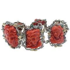 coral paste Corals, Emeralds, Rubies, Diamonds, Rose Gold and Silver Retro Bracelet