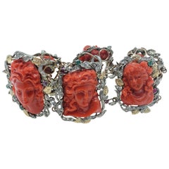 Corals, Emeralds, Rubies, Diamonds, Rose Gold and Silver Vintage Bracelet