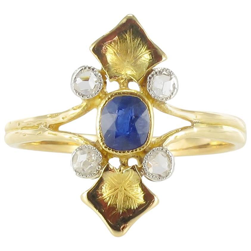 French 1890s Art Nouveau Sapphire and Diamond Ring
