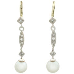 1940s Cultured Pearl and Diamond Yellow Gold Drop Earrings 1
