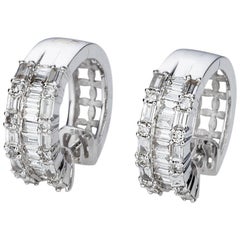 Baguette Diamond 18 Karat White Gold Huggie Style Earrings