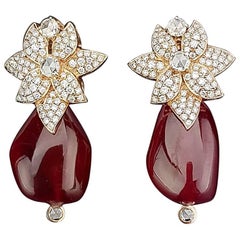 77.32 carat African Ruby Tumble Beads and Diamond Earrings