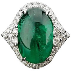 Oval Zambian Emerald Cabochon and Diamond Clusters Cocktail Ring