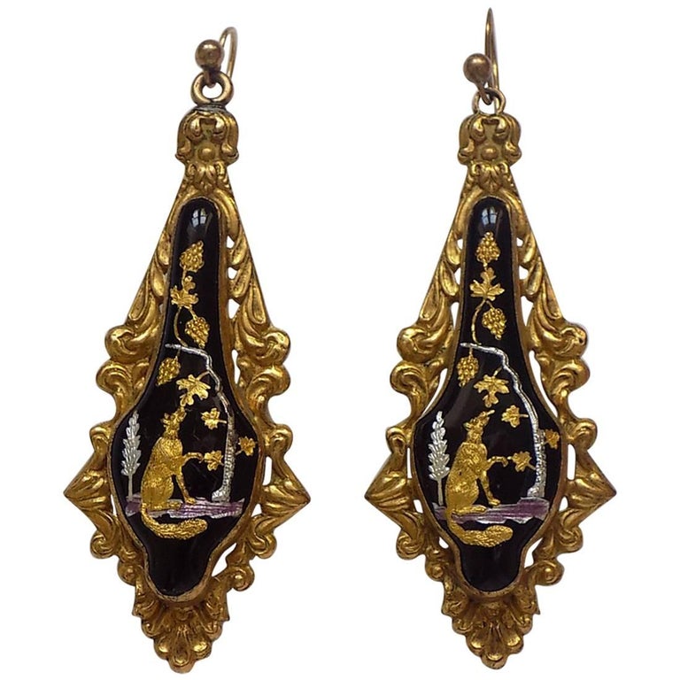 Gold Enamel Victorian Aesop’s Fable "The Fox and Grapes" Drop Earrings