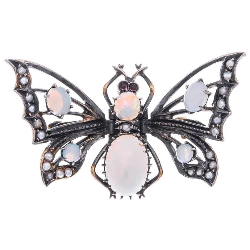 Victoria Silver Opal and Split Pearl Butterfly Brooch For Sale
