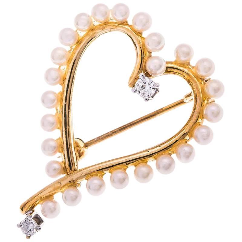 1980 9 Carat Gold Seed Pearl and Diamond Heart Shape Open Brooch