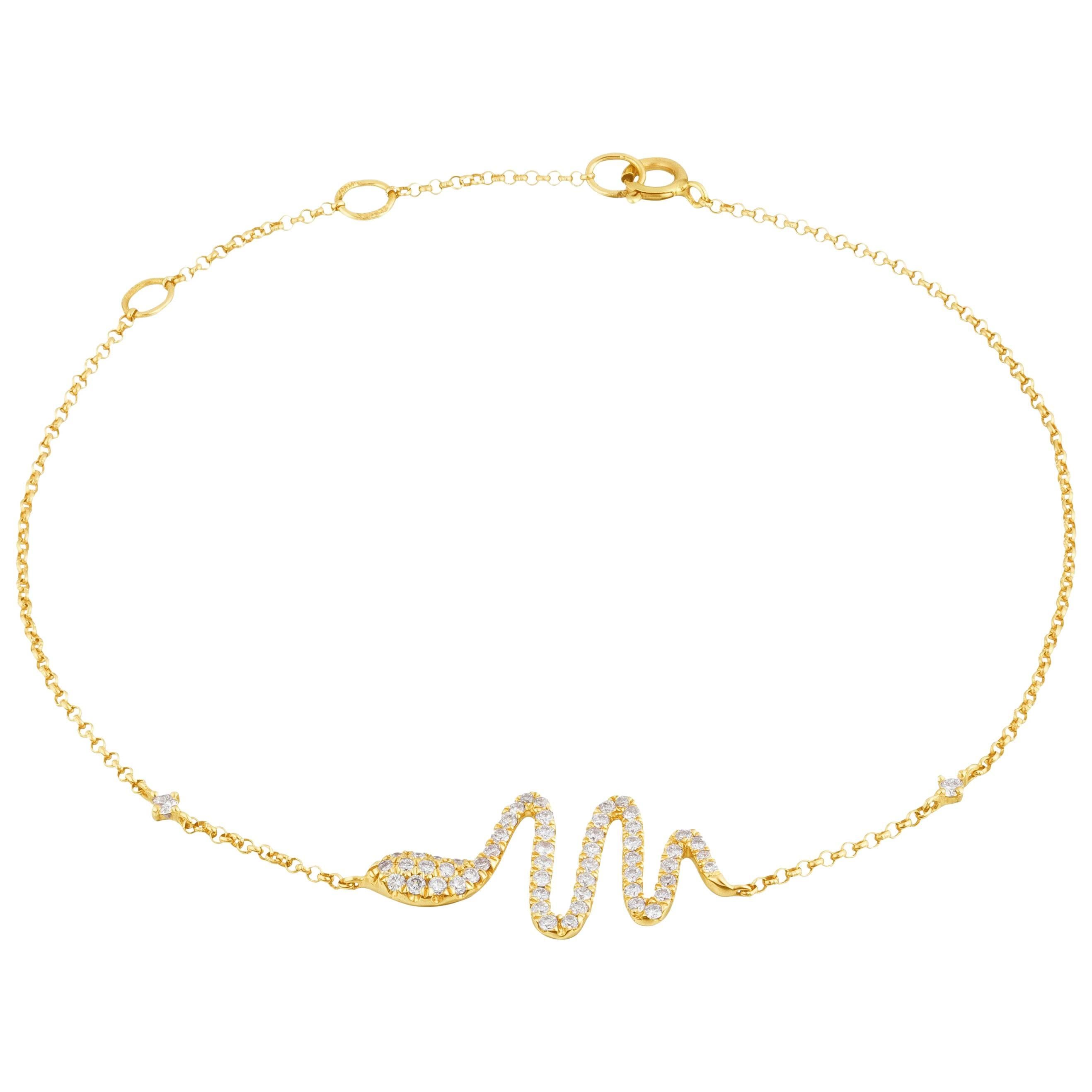 18 Karat Yellow Gold Snake Bracelet 54 White Diamonds 0.33 Carat For Sale