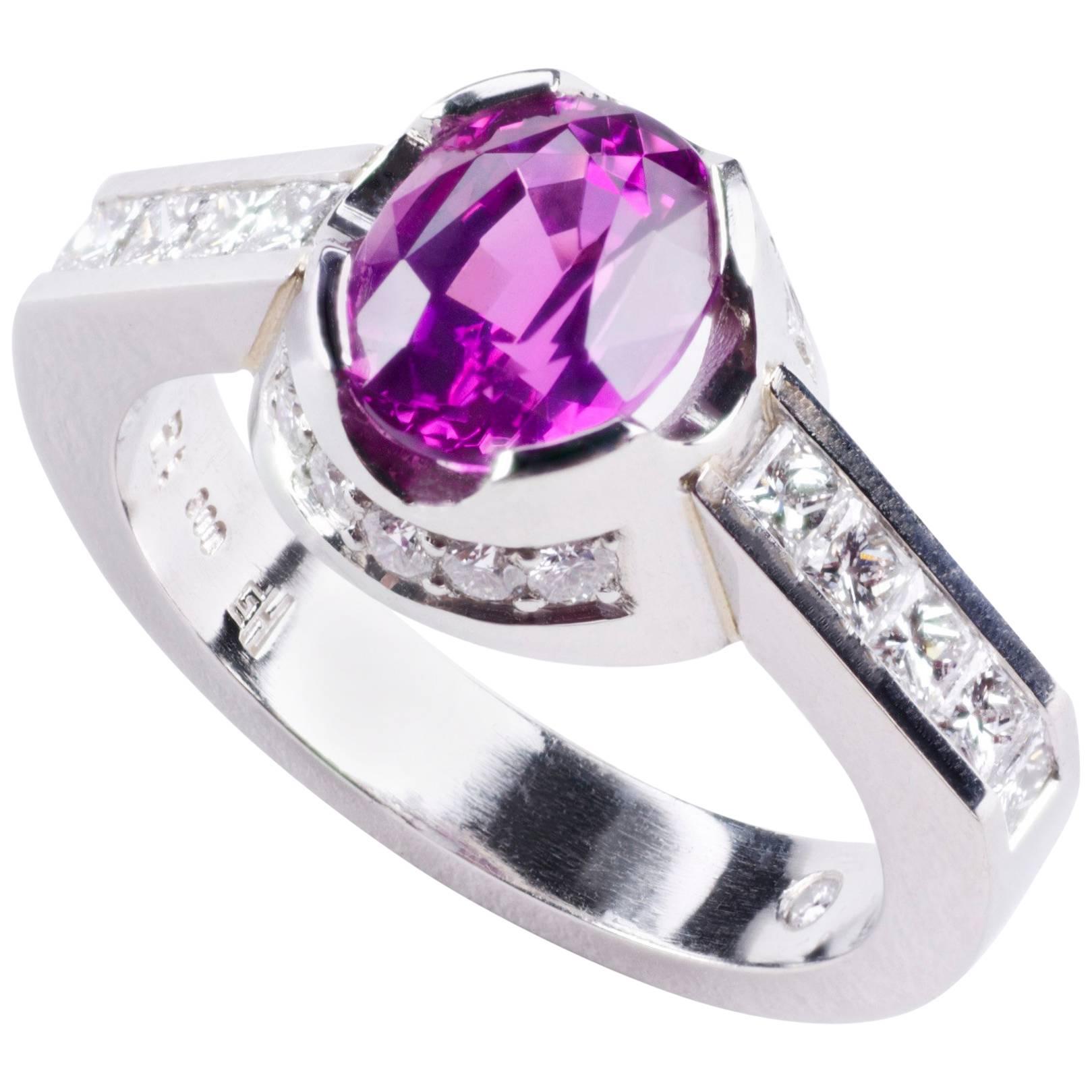 Platinum and Pink Sapphire Diamond Engagement Ring For Sale