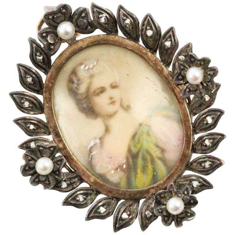 Victorian Miniature Portrait Pendant/Brooch Set in Silver and 18 Karat