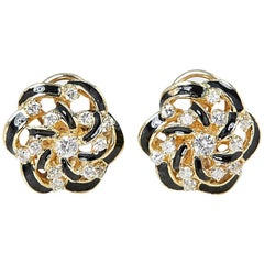 Vintage Diamond Black Enamel Gold Earrings